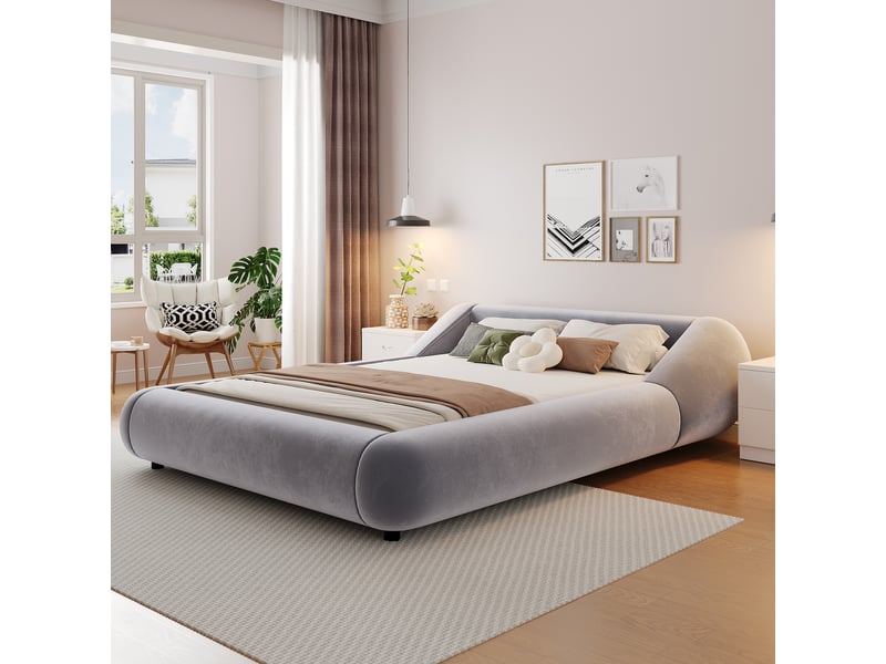  Lit double 140 × 200 cm, design flottant, tête de lit enveloppante, éclairage led, sommier à lattes, velours gris  - Conforama D