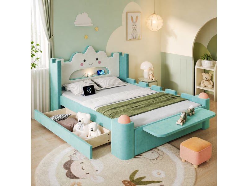  Lit enfant 140x200 cm, tête de lit nuage, lampe led, tiroir, bleu-vert  - Conforama B