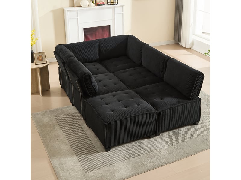  Canapé d'angle 6 pl 308x154x82cm, assise en mousse, revêtement velours, accoudoir, convertible avec poches de rangement, noir  - Conforama E