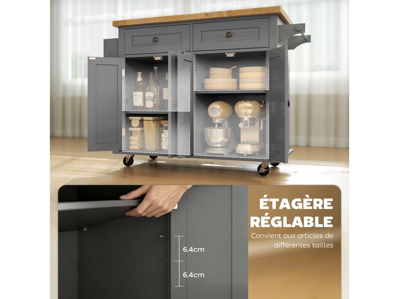 Desserte ilôt de cuisine multi rangements 2 tiroirs 2 placard 2 portes avec range-bouteille étagère - Conforama E