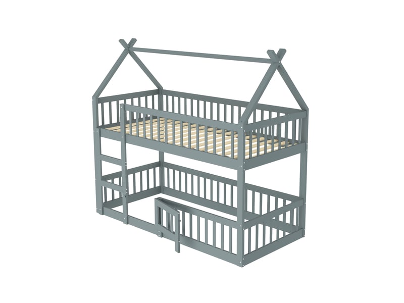 Lit superposé 90x200cm, lit enfant, lit cabane avec escalier, barrières et 1 sommier, bois+mdf, gris, sans matelas - Conforama A