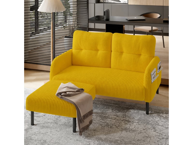  Canapé deux places en velours côtelé avec poches latérales et pieds en métal, jaune  - Conforama D