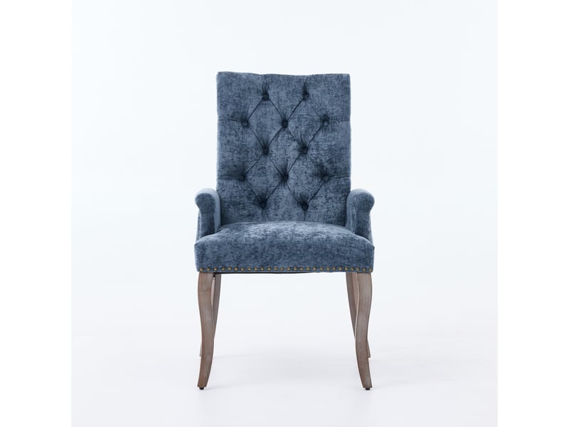  Chaise de salle à manger 57x69x100.5cm - avec accoudoirs et pieds galbés en bois massif - chenille - bleu  - Conforama A