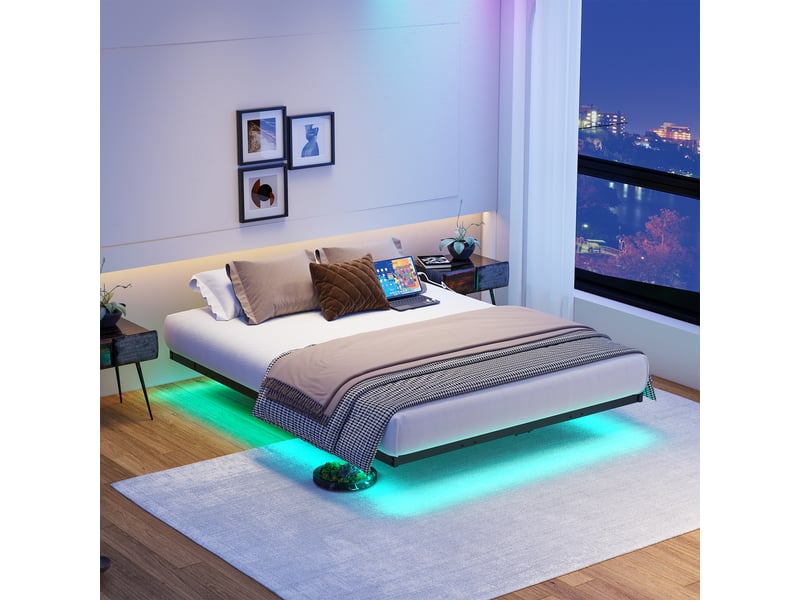 Lit 120x200 cm avec cadre métallique, plateforme à lattes, tête de lit lumineuse led et station de charge, noir  - Conforama B