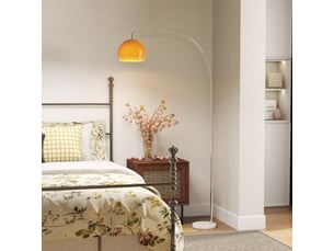 Lampada da terra ad arco con interruttore a pedale, in marmo, metallo e plastica, bianco e arancione, 26x90x180 cm