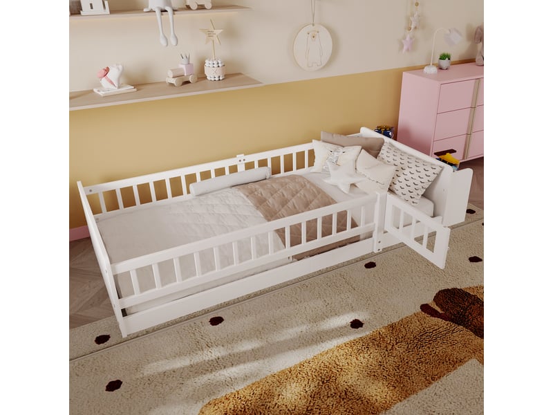 Lit enfant 90 x 200 cm, cadre de lit avec rangement, étagères ouvertes, 1 place, structure multifonction, bois massif, blanc Morn Vibe - Conforama E