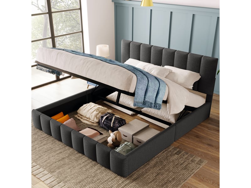 Lit coffre, 140x200 cm, hydraulique doté d’un espace de rangement, tête de lit réglable, matelas inclus, coloris gris  - Conforama D