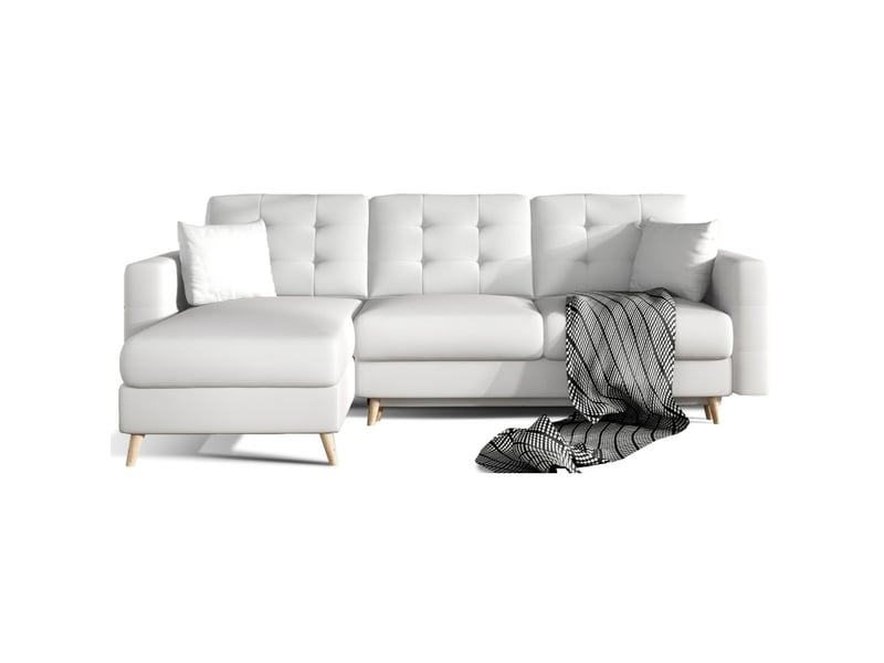  Canapé d'angle convertible hasgard 3 places blanc 248x162 cm – coffre et pieds bois  - Conforama A