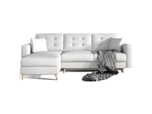 Canapé d'angle convertible hasgard 3 places blanc 248x162 cm – coffre et pieds bois