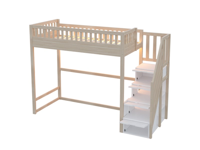 Lit mezzanine 90x200 cm, avec escalier de rangement et led, en bois, bois naturel  - Conforama A