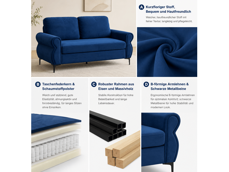  Canapé droit compact à coussins déhoussables  - pieds métal 15 cm, tissu polyester bleu - 173,5 cm  - Conforama E
