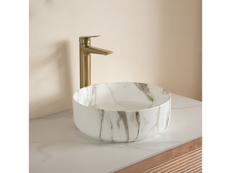 Vasque à poser ronde en céramique avec motif pierre pour salle de bain, finition blanc pierre  - Conforama B