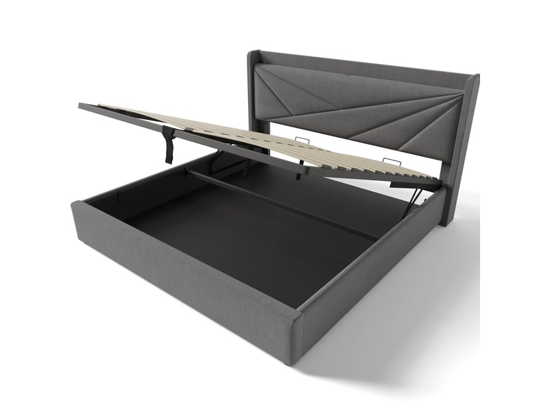 Lit coffre adulte 160x200 cm – gris – rangement relevable, ports usb et usb-c, sommier et matelas inclus - Conforama D