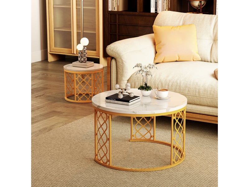 Table basse ronde et lot de 2 tables d’appoint pour chambre ou balcon (70×70×45 cm et 45×45×37 cm), couleur or  - Conforama C