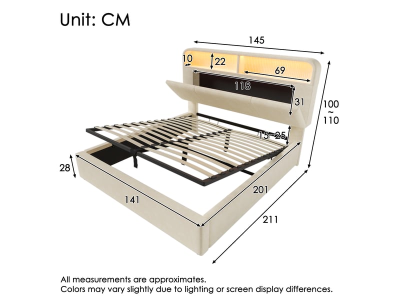  Lit double 140 x 200 cm beige en velours avec rangement hydraulique, led, chargeur usbtype-c et matelas  - Conforama E