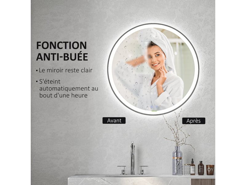  Miroir rond lumineux led de salle de bain  80 cm mural avec éclairage 3 couleurs tactile interrupteur 46w blanc argent  - Conforama W