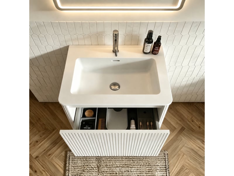  Ensemble meuble vasque suspendu 60 cm avec miroir ovale led 50 x 80 cm, blanc  - Conforama D