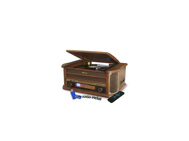 Platine vinyle roadstar hif-1993bt 33-45-78 trs, 2 enceintes 32w, cd, cassette, usb, bluetooth, fm am ,finition bois+ clé usb