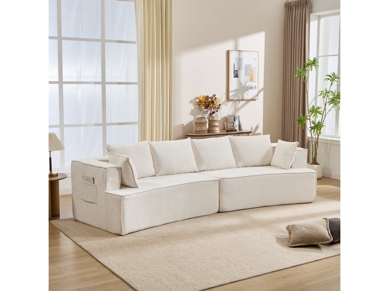  Canapé modulaire blanc 4 places en velours côtelé, assise profonde et silhouette courbée moderne pour le salon  - Conforama W