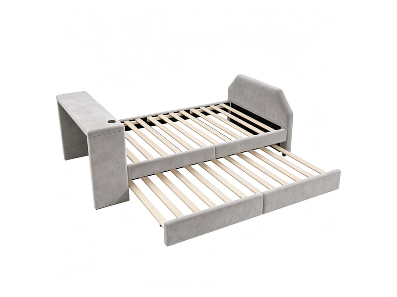 Lit simple enfant 90x200 cm velours gris, bureau avec port usb, lit gigogne coulissant, 12 lattes - Conforama D