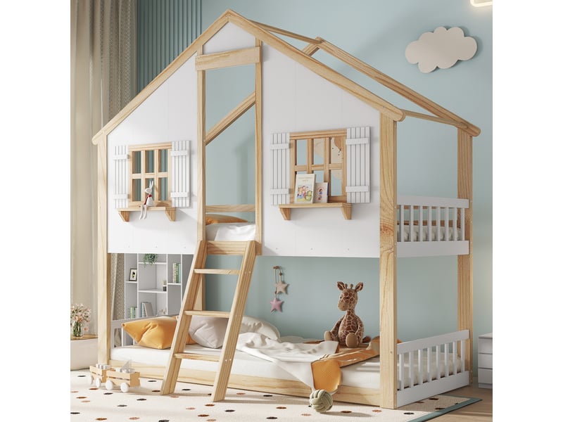  Lit superposé cabane enfant 2 x 90 x 200 cm blanc et naturel Fay Lum - Conforama R