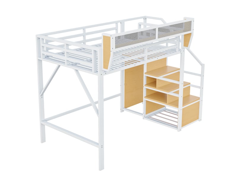  Lit mezzanine blanc 140x200cm avec échelle, compartiment flexible, bureau et étagères, structure robuste - fer - pour enfant ado  - Conforama D