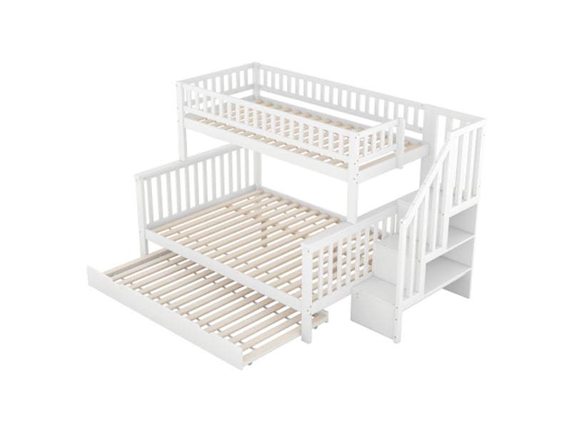  Lit superposé 140x200 cm, lit enfant double avec lit gigogne, escalier et sommier à lattes en pin, blanc, sans matelas  - Conforama E