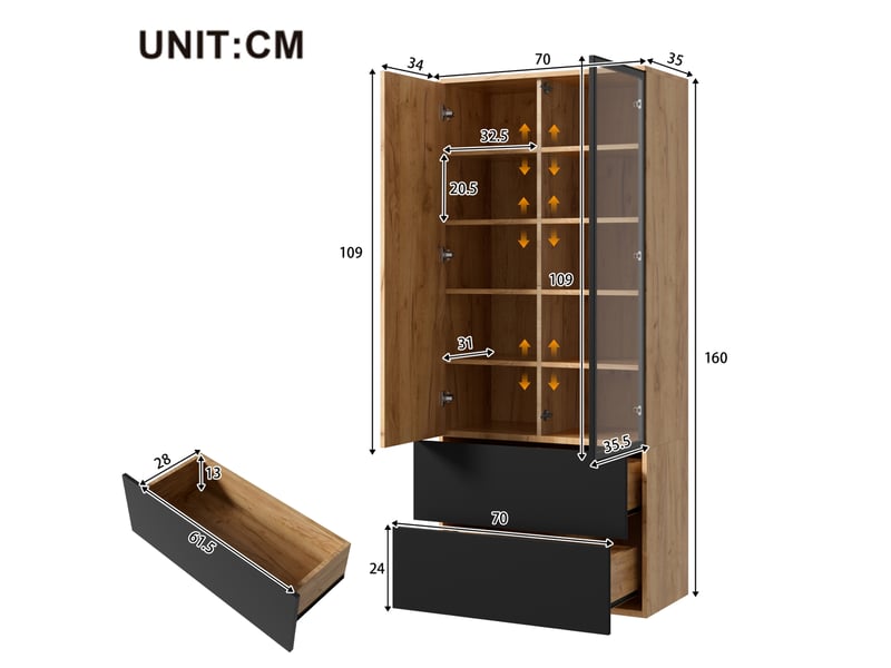  Vitrine 70x35x160 cm avec led, 2 portes et 2 tiroirs coloris naturel et noir  - Conforama C