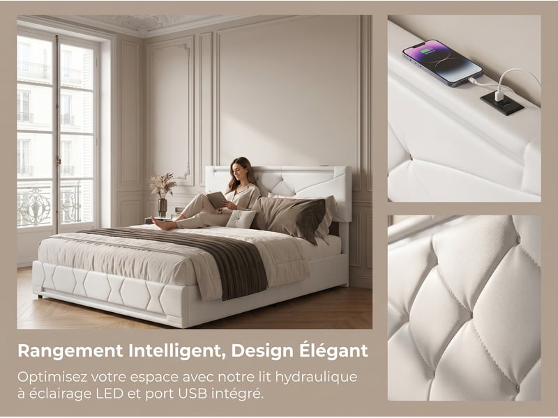  Lit 2 places 160x200 cm - led, usb - velours beige avec sommier à lattes inclus  - Conforama E