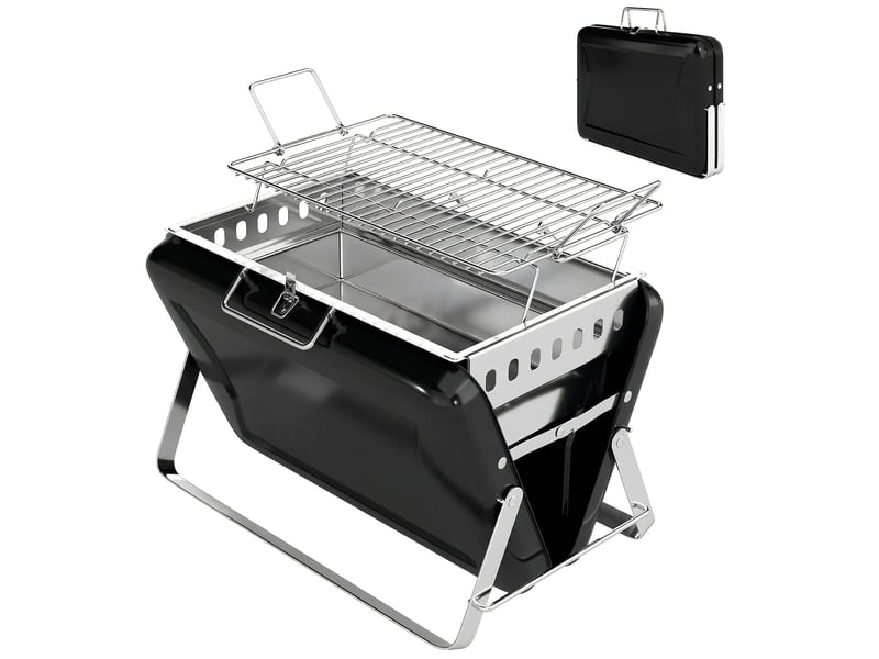  Barbecue fumoir charbon acier inoxydable, grille, poignée, pieds pliables, camping grillades, 40×28×25,5 cm, noir  - Conforama B