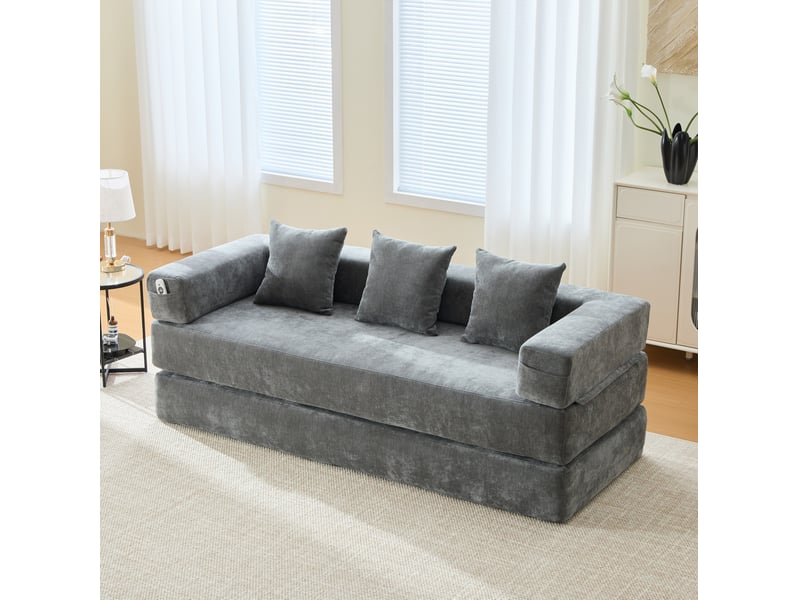  Canapé droit modulable 2 places en tissu gris foncé, avec poches latérales et dessous antidérapant pour le salon  - Conforama B
