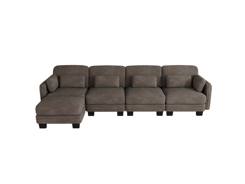  Canapé d’angle modulable 4 places 330x143x88 cm, design ergonomique, coussins inclus, avec pouf, tissu en chenille, marron  - Conforama A