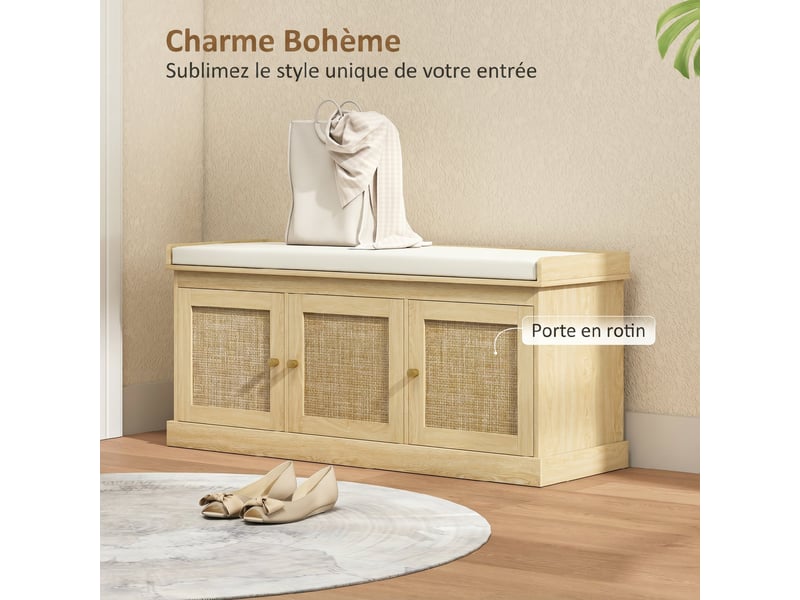  Banc à chaussures 3 portes en rotin avec coussin coloris chêne 105 x 35 x 47 cm  - Conforama D