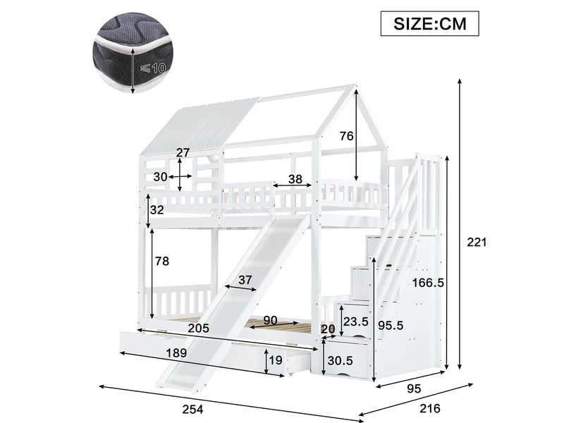  Modenvie lit superposé cabane 90x200 cm - avec escalier de rangement et toboggan, sans matelas - blanc  - Conforama C