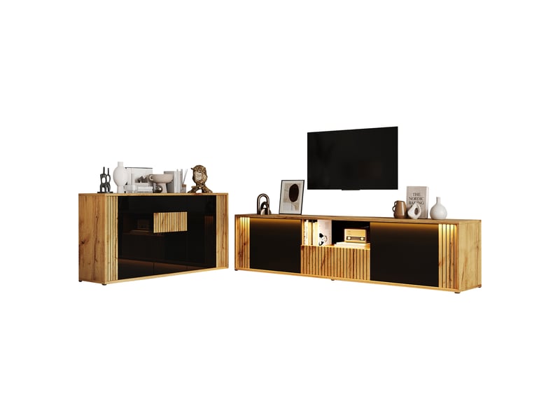  Ensemble 2 pièces bicolore noirnaturel, meuble tv 180×40×51 cm et buffet 140×35×71 cm, en mdf et aggloméré, avec led  - Conforama A