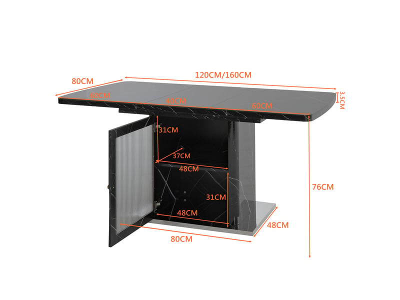 Table à manger extensible 120-160x80x76 cm, rangement 2 niveaux, porte vitrée, mdf, métal, noir effet marbre  - Conforama C