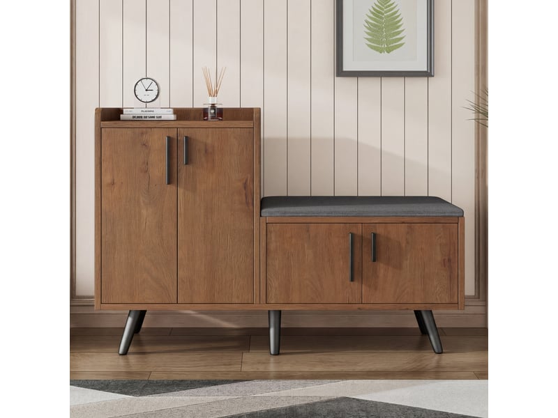  Banc à chaussures avec rangement - 120x34x82,8 cm bois - meuble à chaussures moderne 4 portes avec assise rembourrée et espace  - Conforama D