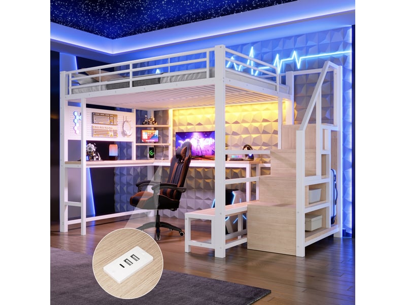  Lit mezzanine 140x200 cm avec bureau, rangements, led, usb et usb-c, blanc  - Conforama B