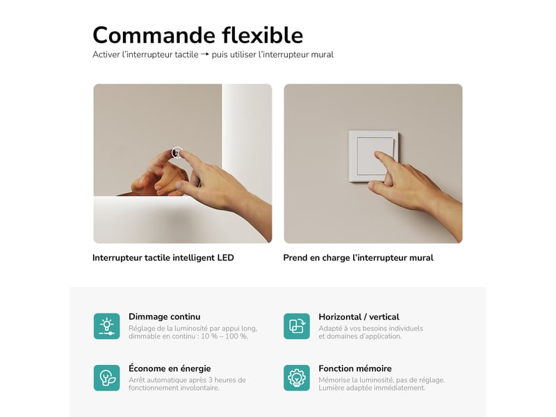  Emke miroir led salle de bain rétroéclairé 50 x 70 cm, interrupteur tactile, intensité réglable, fonction mémoire, blanc froid  - Conforama E