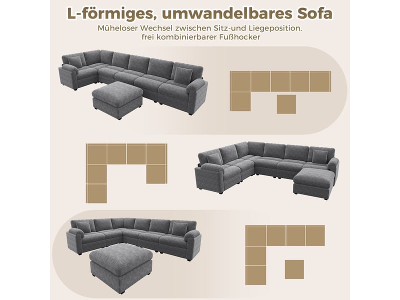 Canapé d'angle modulable xxl en velours gris 7 places avec coussins et pouf séparé pour salon - Conforama E