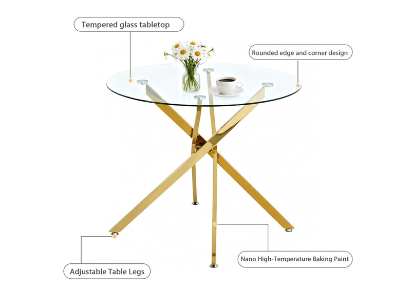  Table à manger ronde 80 x 80 cm pour 2 à 4 personnes avec plateau en verre trempé  - Conforama E