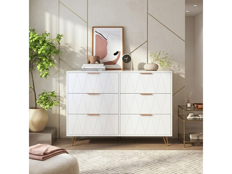  Commode chambre adulte bois, 34x100x72.5 cm commode 6 tiroirs meuble de rangement, table de chevet tables d'appoint avec tiroir, blanc  - Conforama C