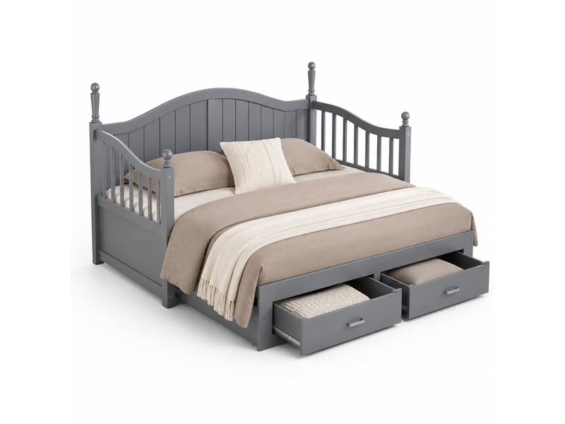  Lit banquette 2 places en bois avec lit gigogne, 2 tiroirs et accoudoirs, 90x190 et 180x190 cm, matelas non précisé  - Conforama A