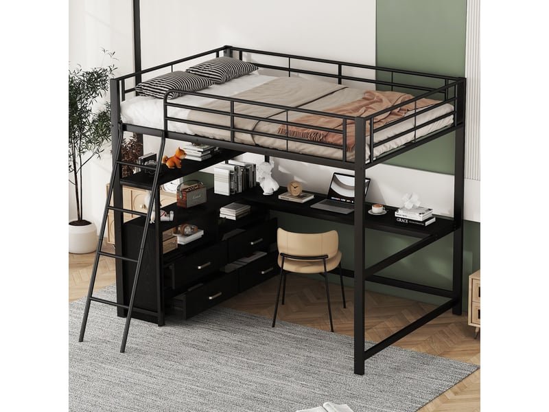  Lit mezzanine 140x200 cm avec bureau, rangement et led, mdf et métal, noir, sans matelas  - Conforama W