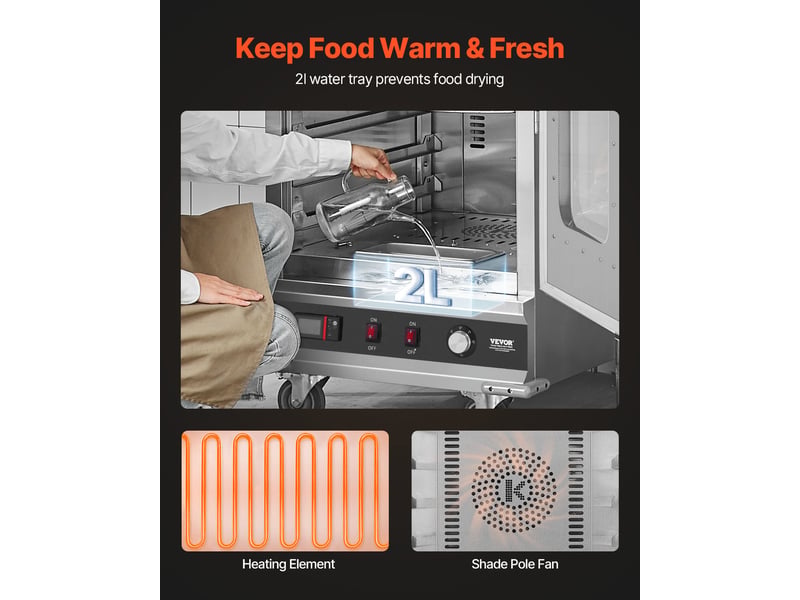 Armoire chauffante a 16 niveaux, etuve traiteur avec bac a eau, chauffe assiettes avec porte simple en verre et etageres reglables, en acier inoxydable, pour pizza poulet restaurant cantine  - Conforama C