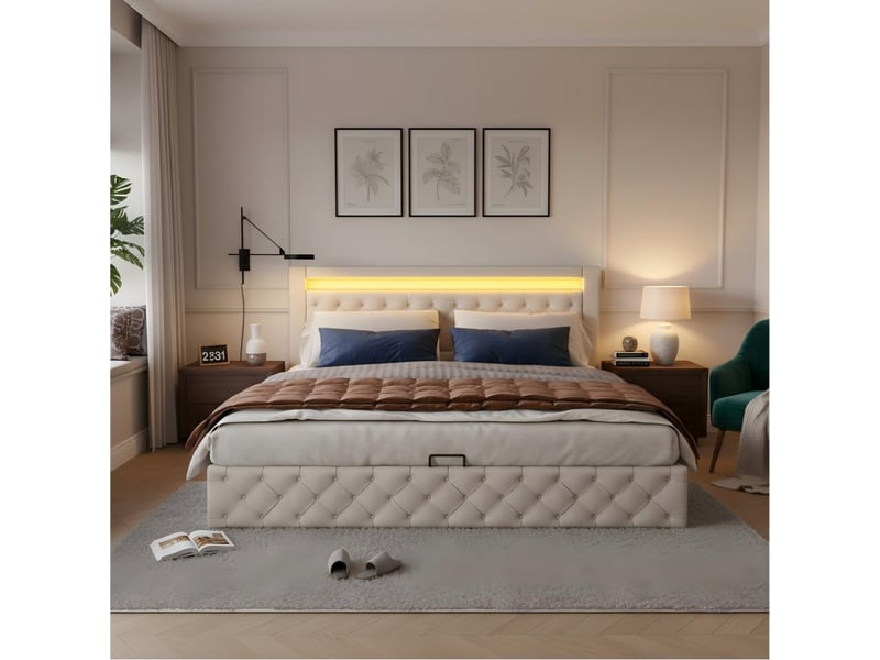  Lit rembourré 140x190 avec coffre de rangement hydraulique, lit double led blanc en pu, sommier à lattes inclus, charge 220kg  - Conforama C