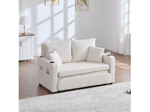 Canapé convertible 2 places en tissu beige avec usb, porte-gobelets et rangement, idéal pour petits espaces
