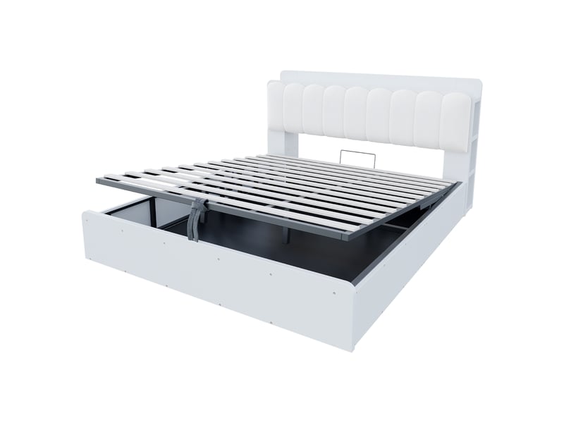 Lit coffre 180x200 cm, lit double, rangement hydraulique, étagères, port usb, tête de lit rembourrée, bois blanc, veilleuse - Conforama B