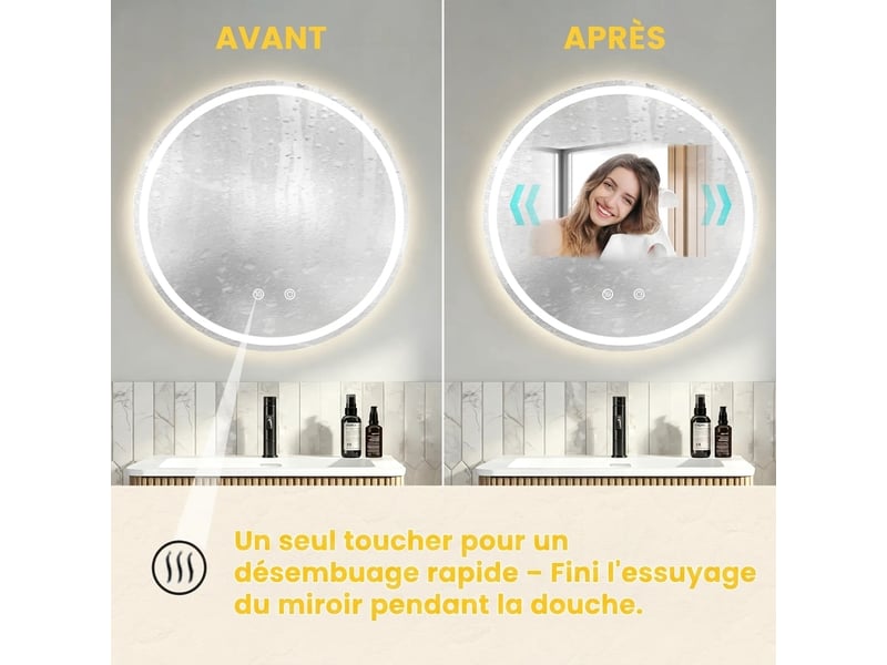  Miroir de salle de bain rond 80x80 cm, miroir lumineux led mural  - Conforama B
