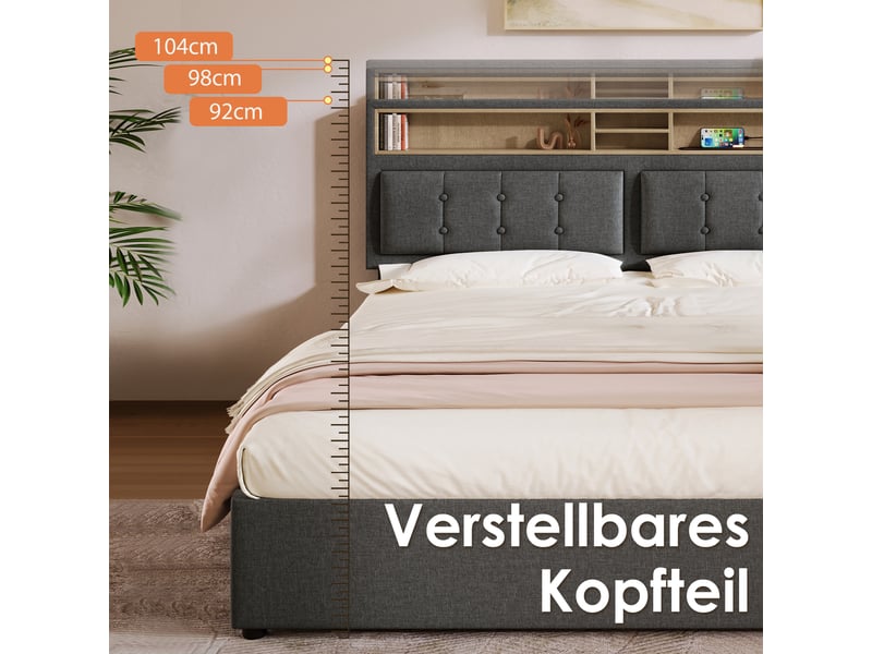  Lit double rembourré 140x200 cm avec usb-c, lit double avec matelas, gris, cadre de lit adulte avec espace de rangement  - Conforama D